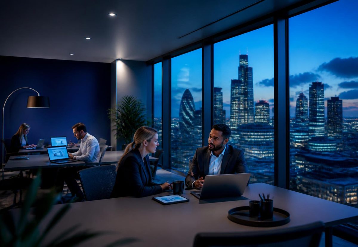 Business team collaborating in a modern UK office supported by Ademco business broadband, phone systems and mobiles