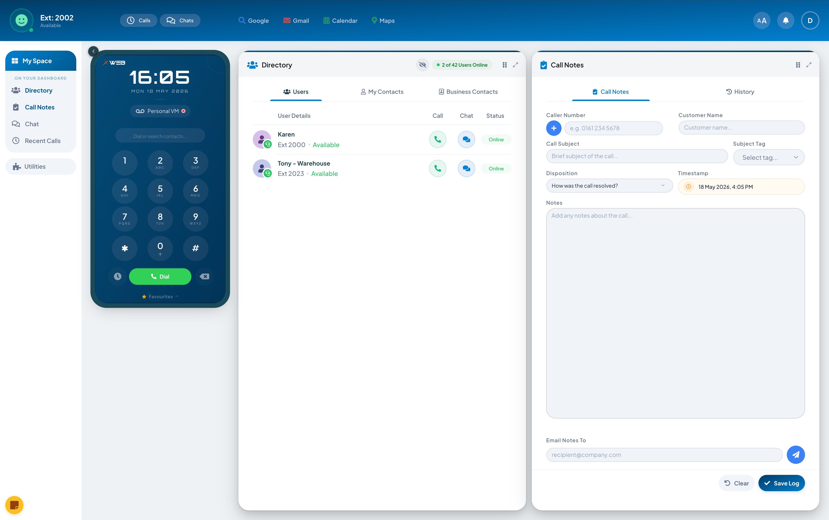 X-Web browser softphone directory and call notes dashboard